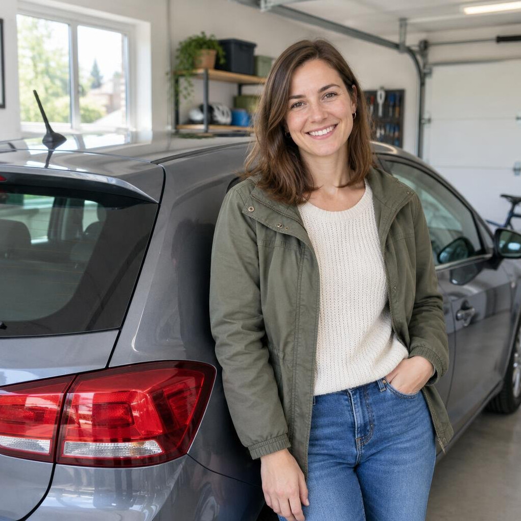 Smiling young woman standing next to her car in a garage