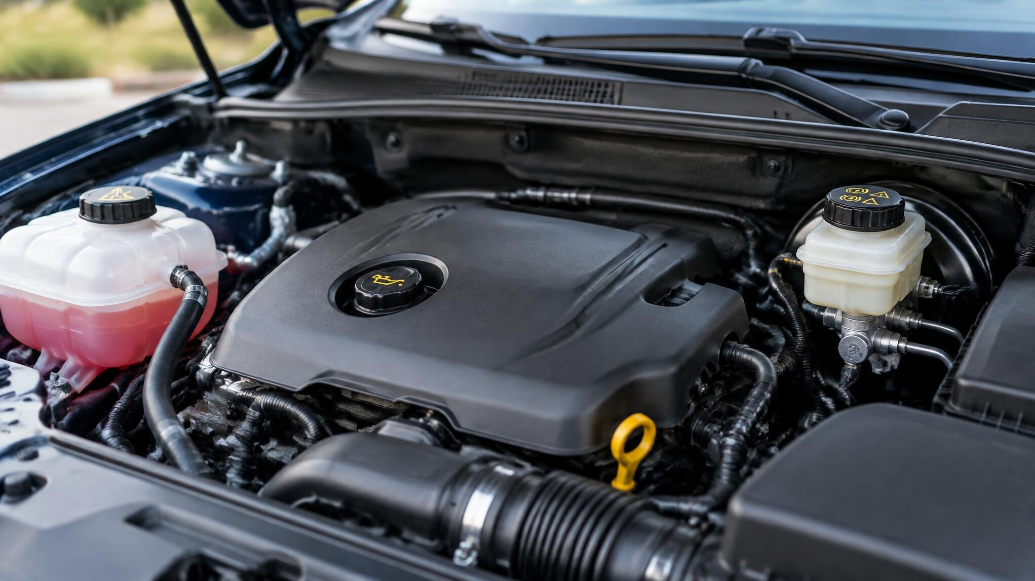 Open car hood showing the engine bay with fluid reservoirs