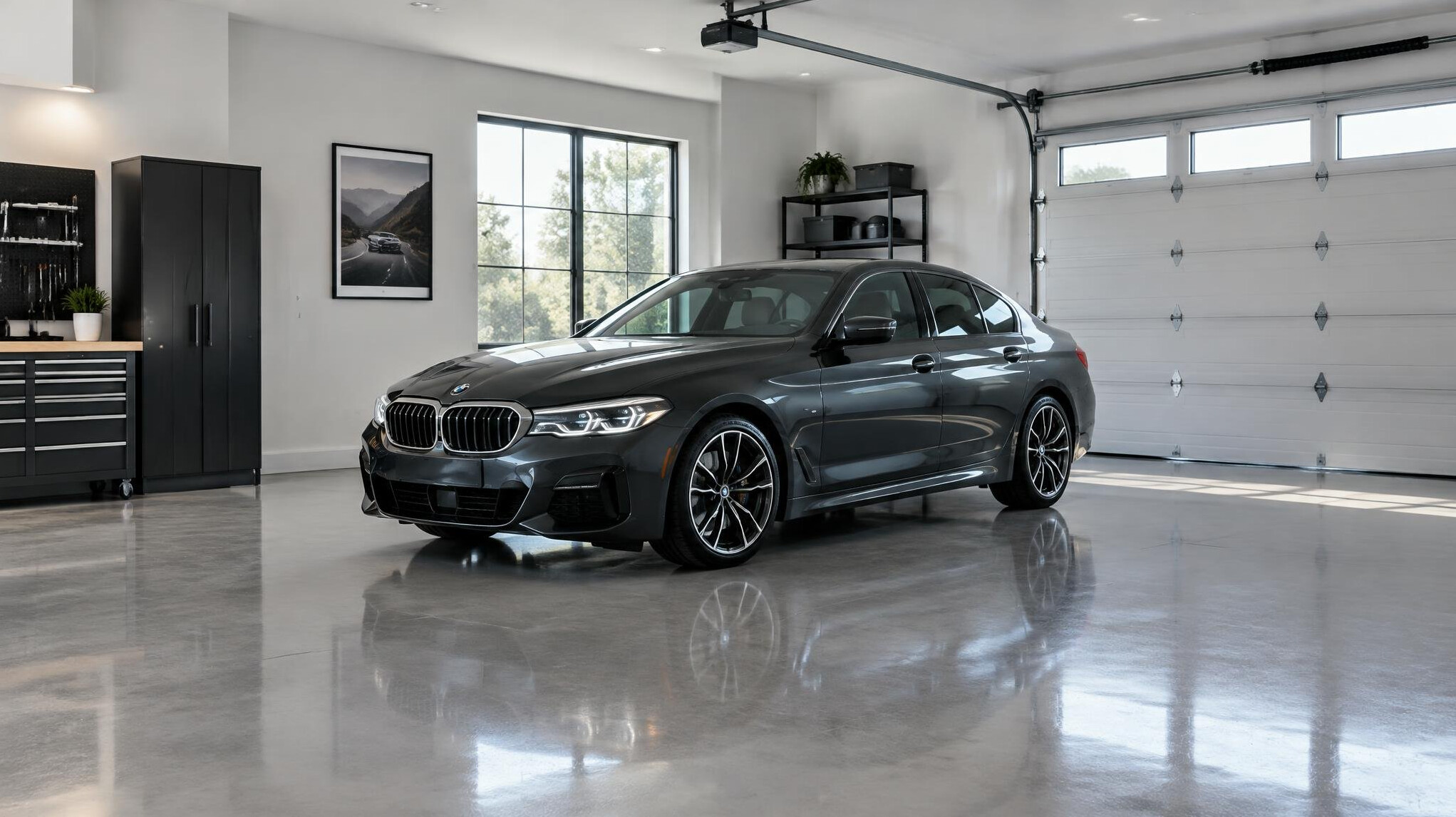 Parked dark sports car in a clean garage