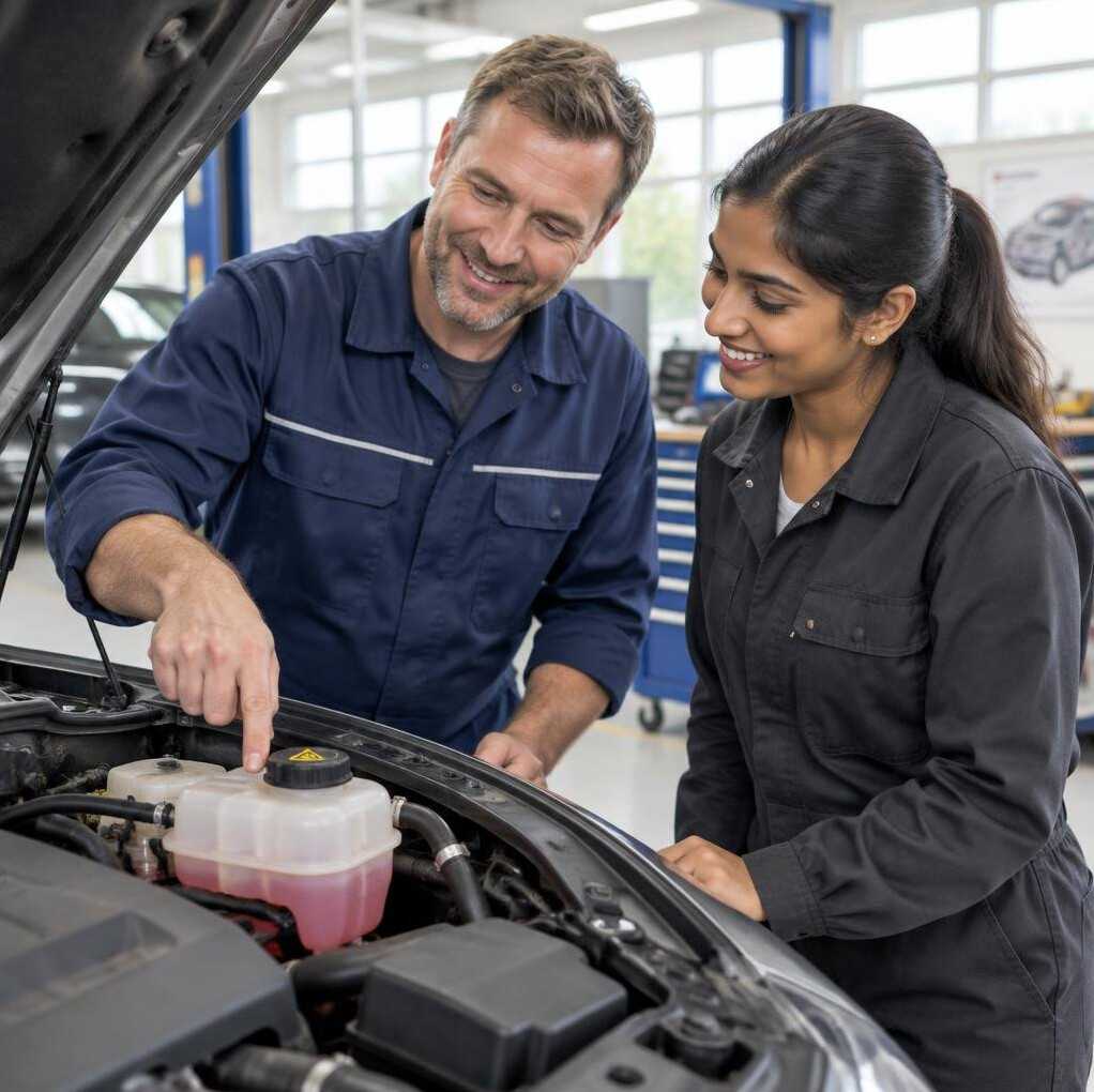 Instructor showing a student how to check fluids under a car hood