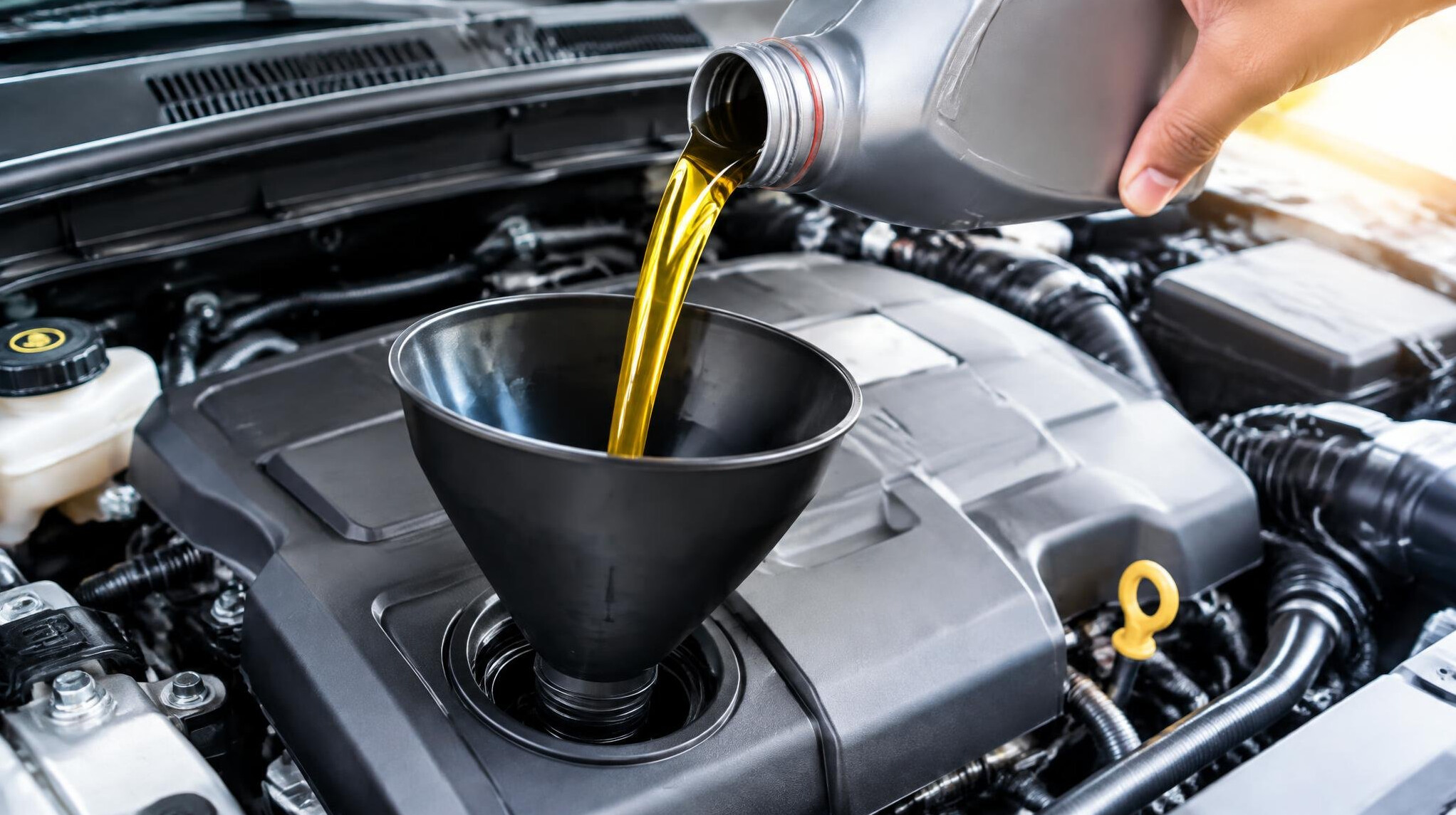 Hand pouring engine oil into a car engine