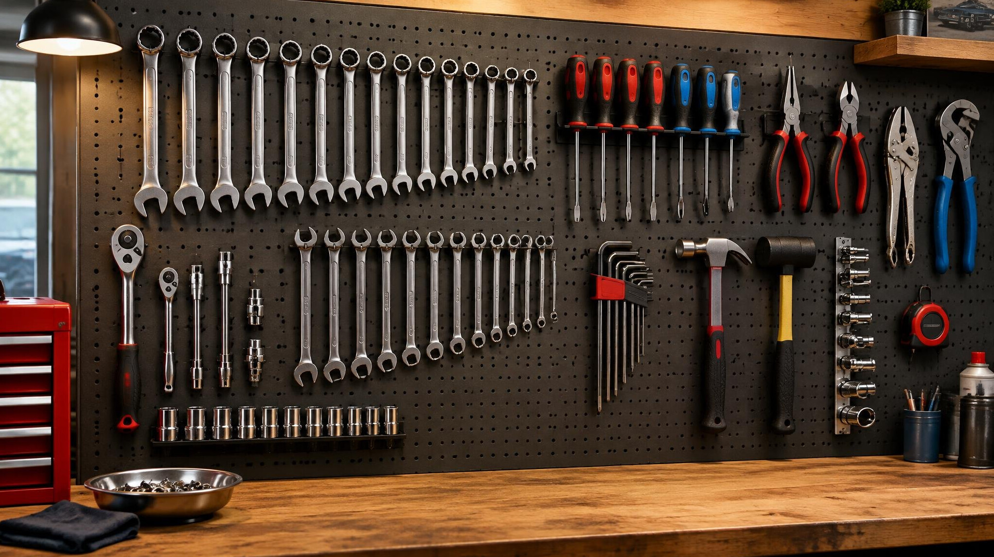 Neatly arranged wrenches and tools on a workshop wall