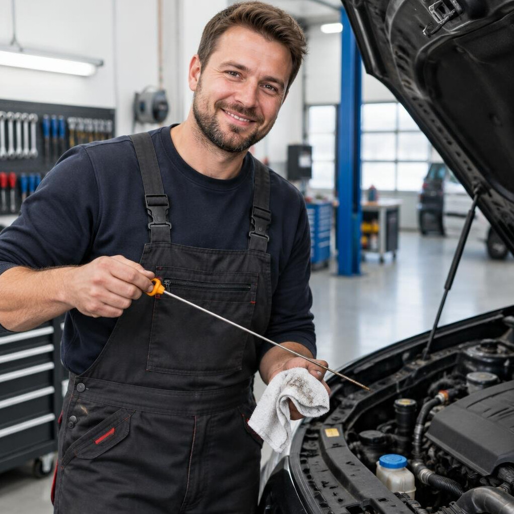 Smiling mechanic in work clothes holding an oil dipstick